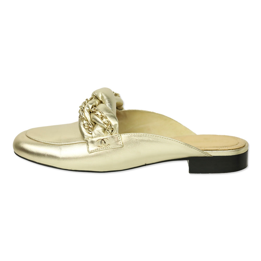 Chanel Metallic Gold Leather Braided Chain Mules