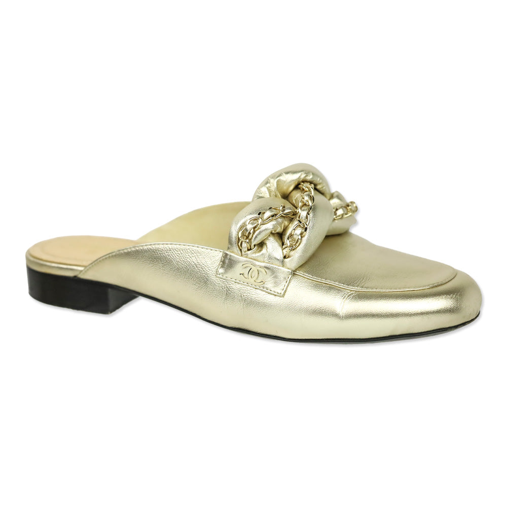 Chanel Metallic Gold Leather Braided Chain Mules
