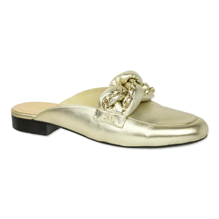 Chanel Metallic Gold Leather Braided Chain Mules