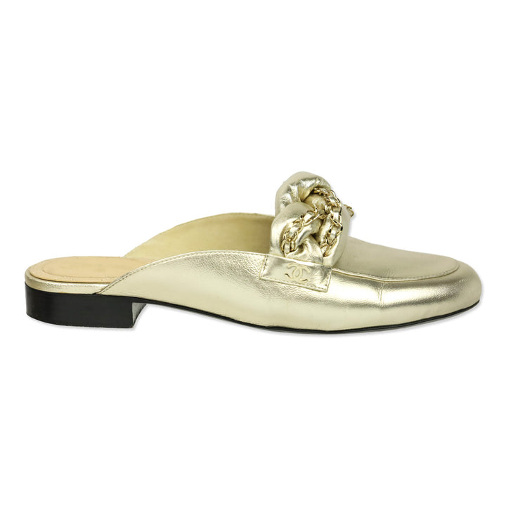 Chanel Metallic Gold Leather Braided Chain Mules