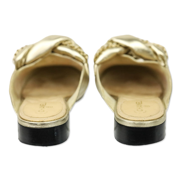 Chanel Metallic Gold Leather Braided Chain Mules
