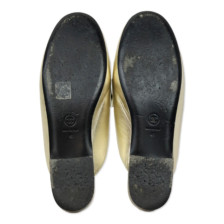 Chanel Metallic Gold Leather Braided Chain Mules