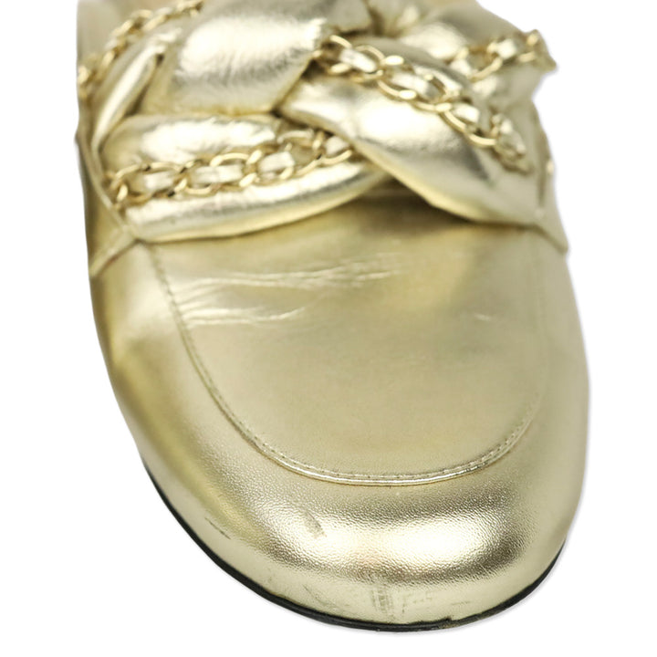 Chanel Metallic Gold Leather Braided Chain Mules
