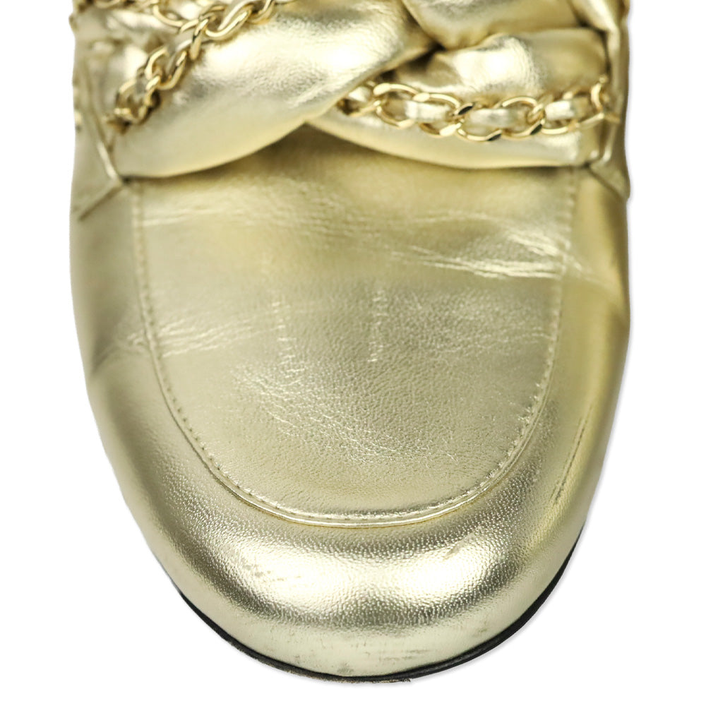 Chanel Metallic Gold Leather Braided Chain Mules