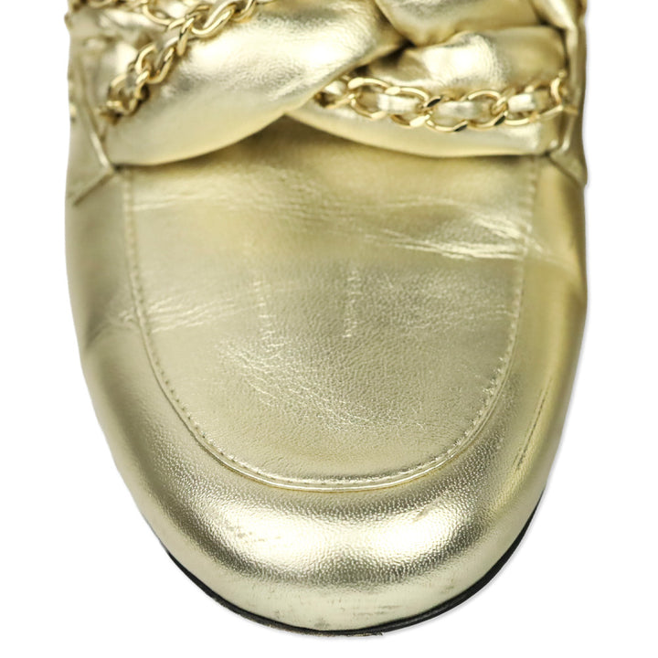 Chanel Metallic Gold Leather Braided Chain Mules