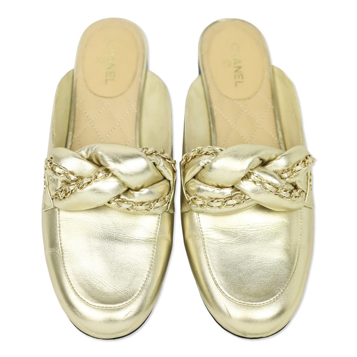Chanel Metallic Gold Leather Braided Chain Mules