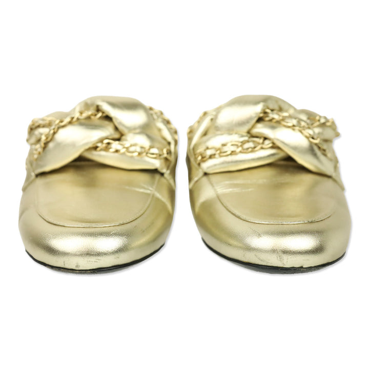Chanel Metallic Gold Leather Braided Chain Mules