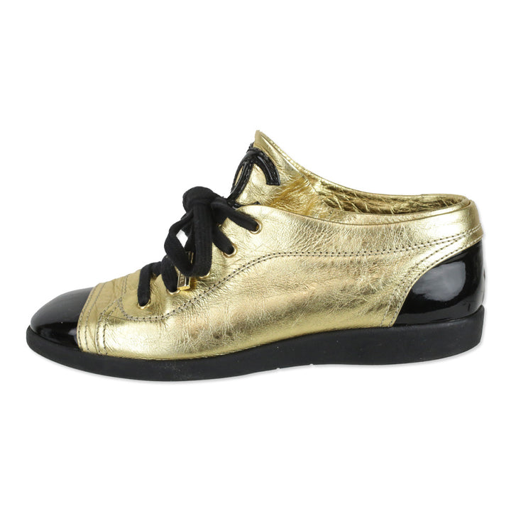 Chanel Metallic Gold Leather/Black Patent Cap Toe Lace-Up Sneakers