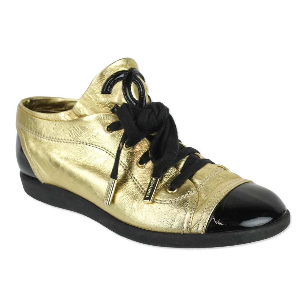 Chanel Metallic Gold Leather/Black Patent Cap Toe Lace-Up Sneakers