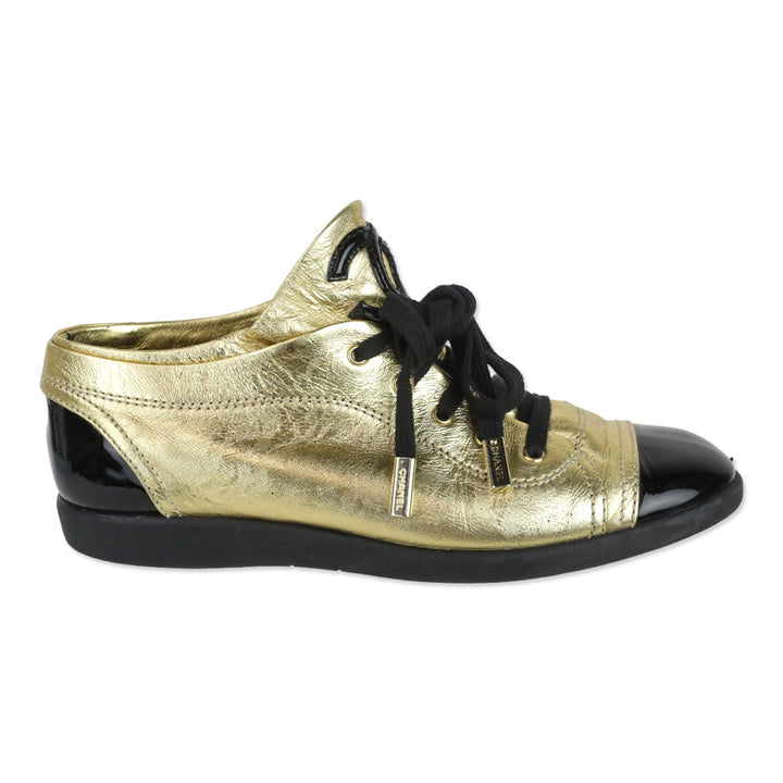 Chanel Metallic Gold Leather/Black Patent Cap Toe Lace-Up Sneakers