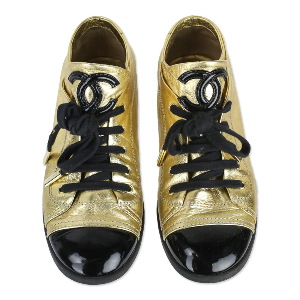 Chanel Metallic Gold Leather/Black Patent Cap Toe Lace-Up Sneakers