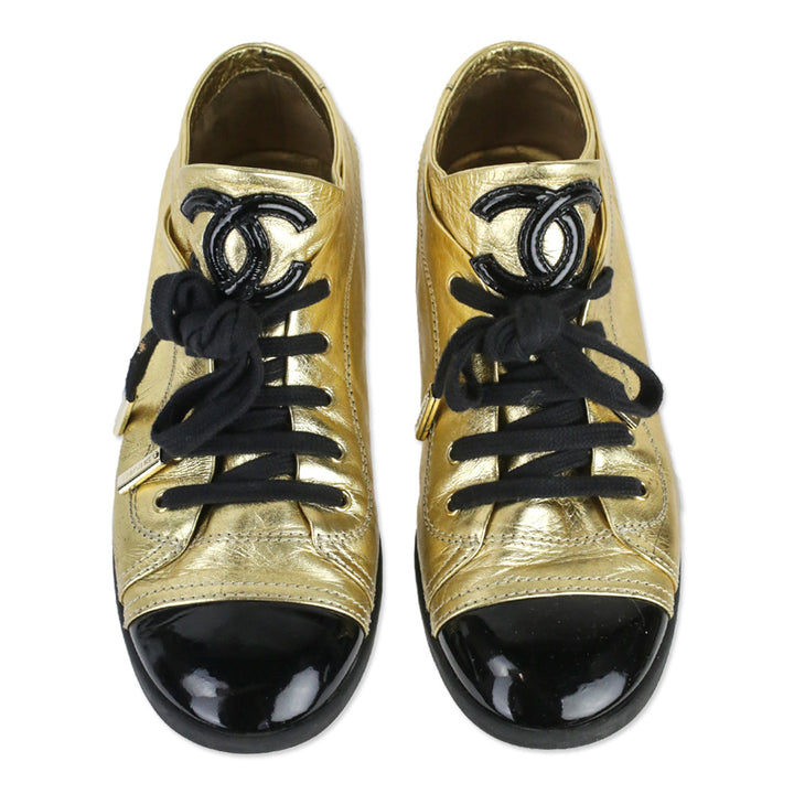 Chanel Metallic Gold Leather/Black Patent Cap Toe Lace-Up Sneakers