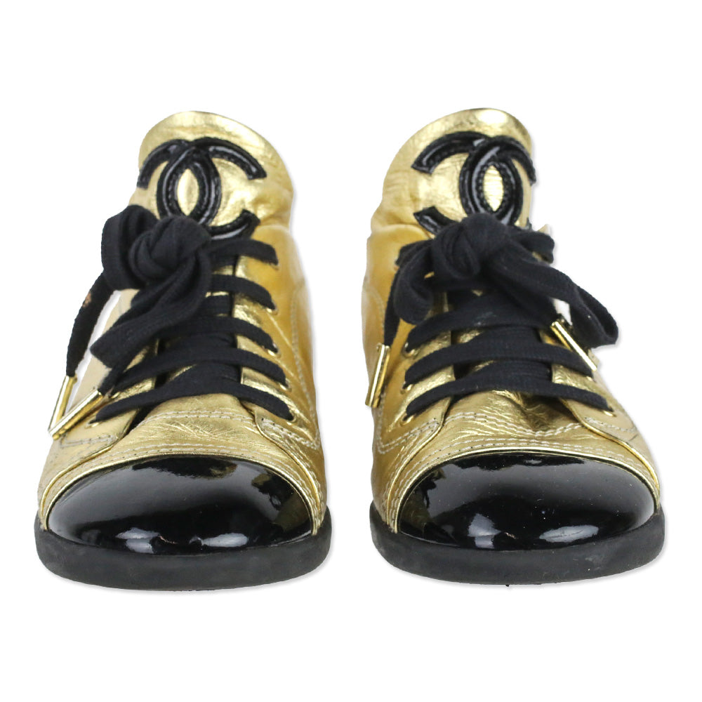 Chanel Metallic Gold Leather/Black Patent Cap Toe Lace-Up Sneakers