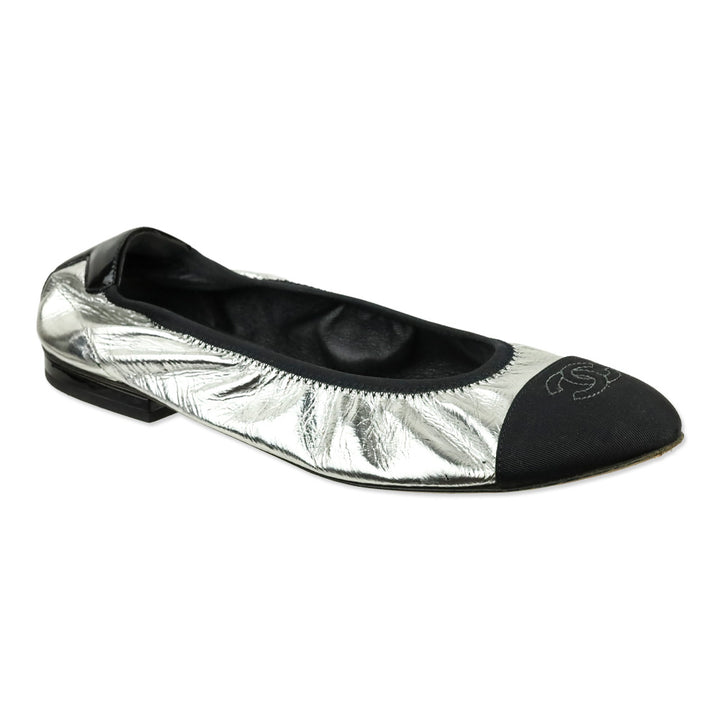 Chanel Metallic Silver & Black CC Ballerina Flats