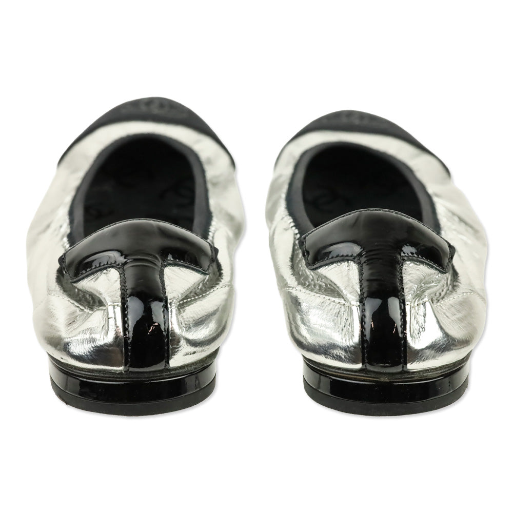 Chanel Metallic Silver & Black CC Ballerina Flats