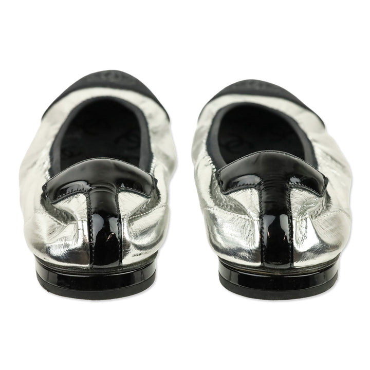 Chanel Metallic Silver & Black CC Ballerina Flats