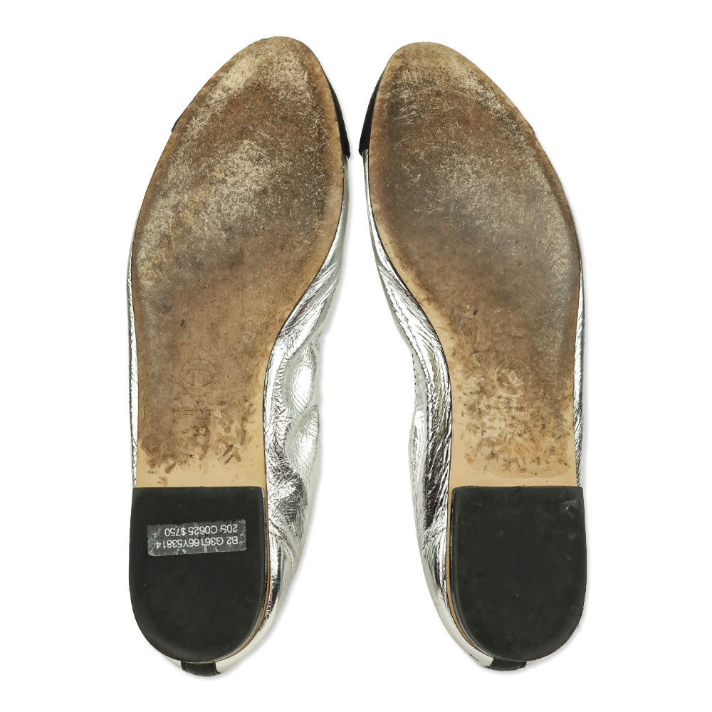 Chanel Metallic Silver & Black CC Ballerina Flats