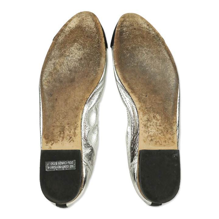 Chanel Metallic Silver & Black CC Ballerina Flats