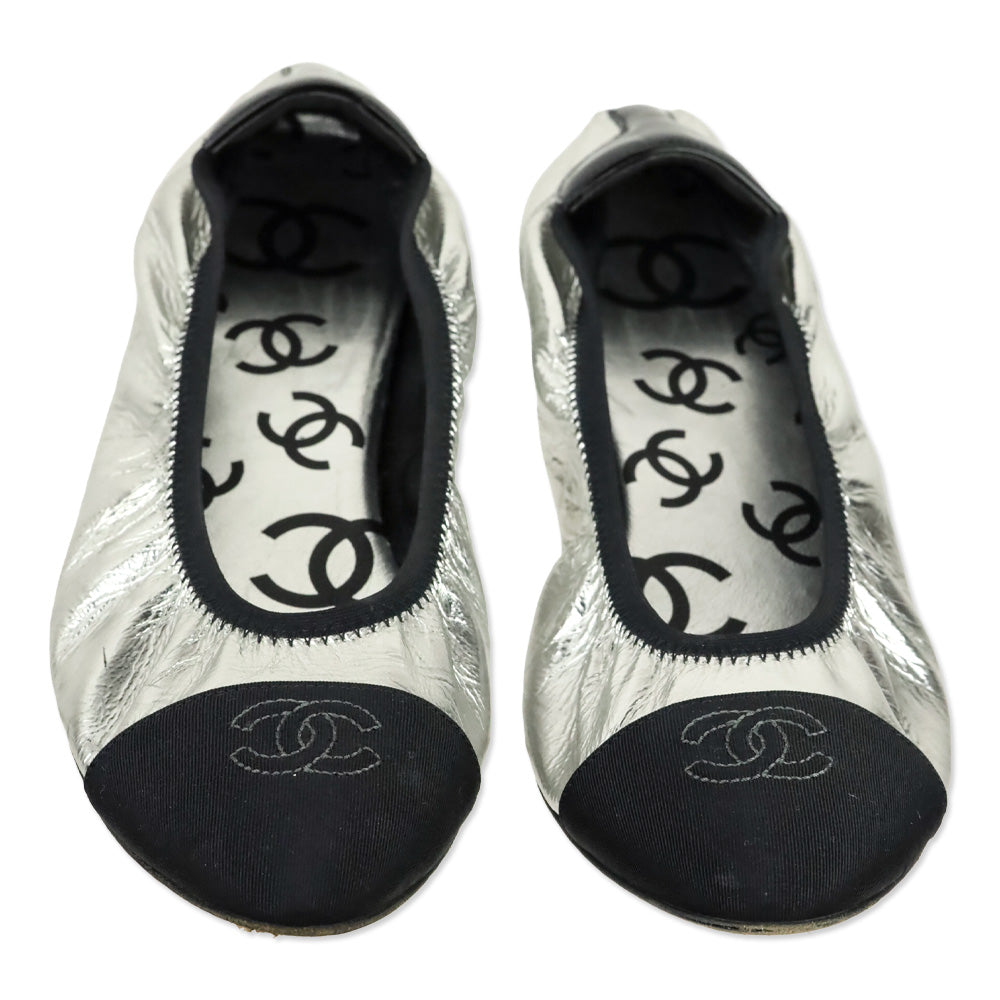 Chanel Metallic Silver & Black CC Ballerina Flats
