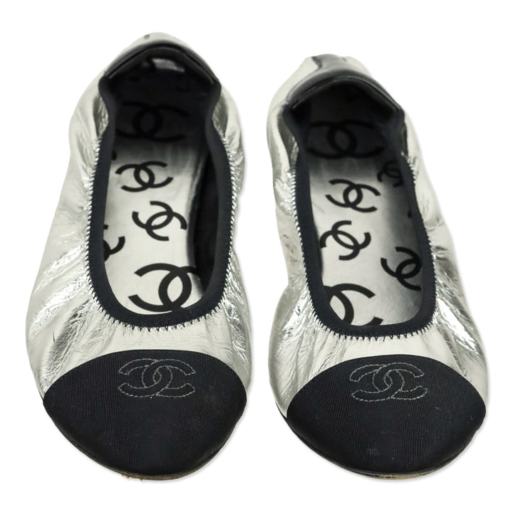 Chanel Metallic Silver & Black CC Ballerina Flats