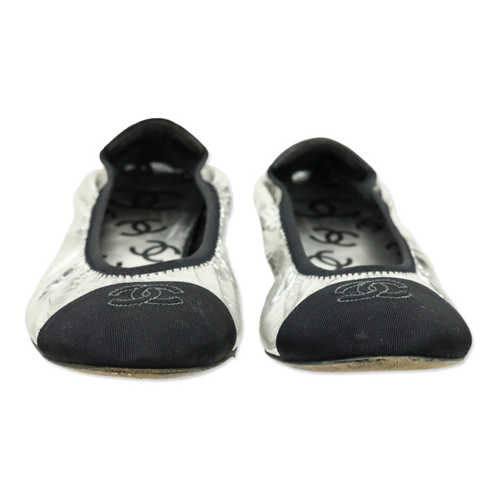 Chanel Metallic Silver & Black CC Ballerina Flats