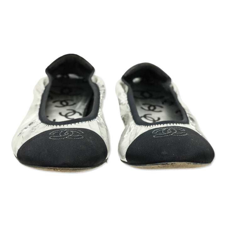 Chanel Metallic Silver & Black CC Ballerina Flats