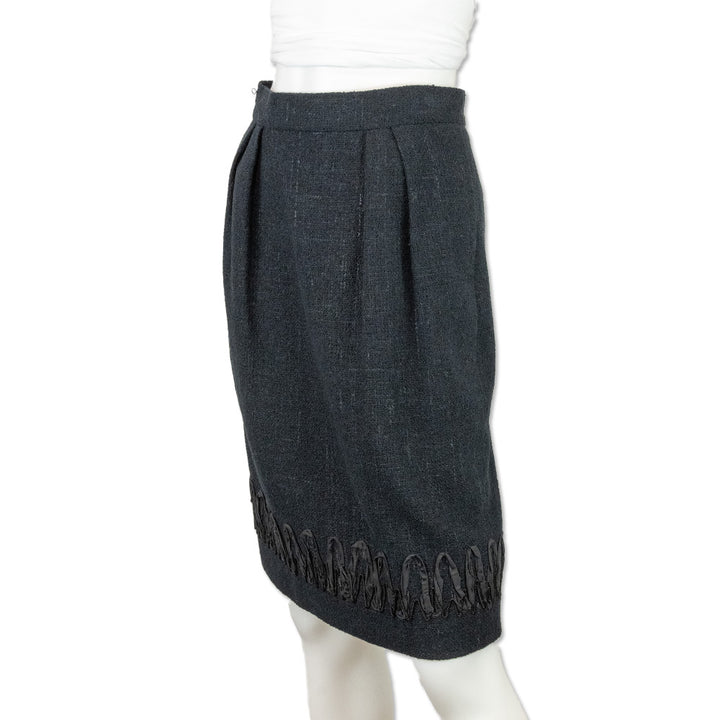 Chanel Black Tweed Woven Ribbon Hem Midi Skirt