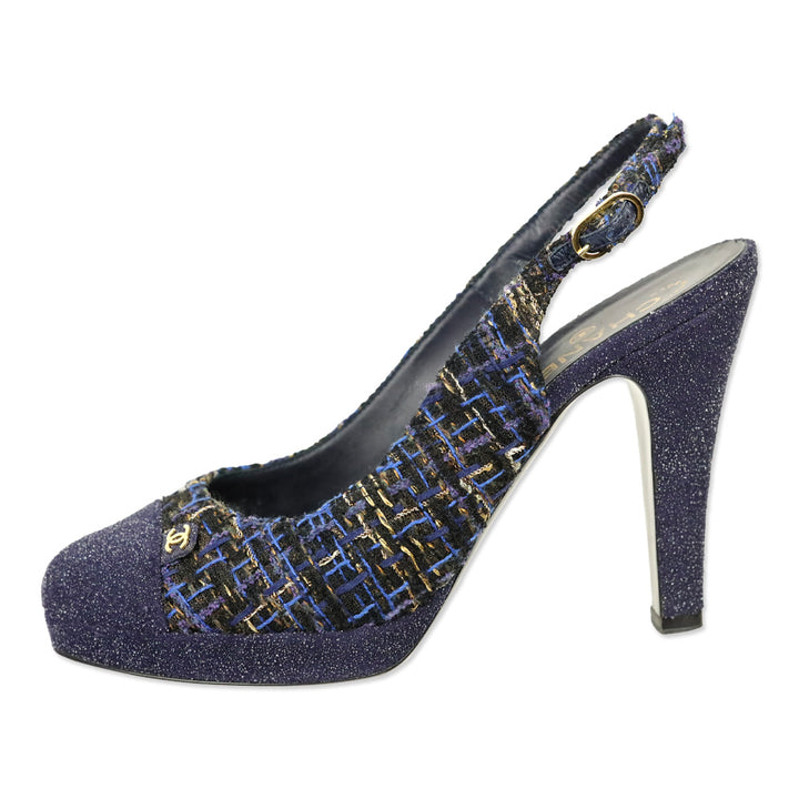 Chanel Navy Blue Tweed CC Cap Toe Slingback Pumps