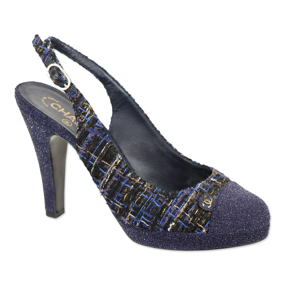 Chanel Navy Blue Tweed CC Cap Toe Slingback Pumps