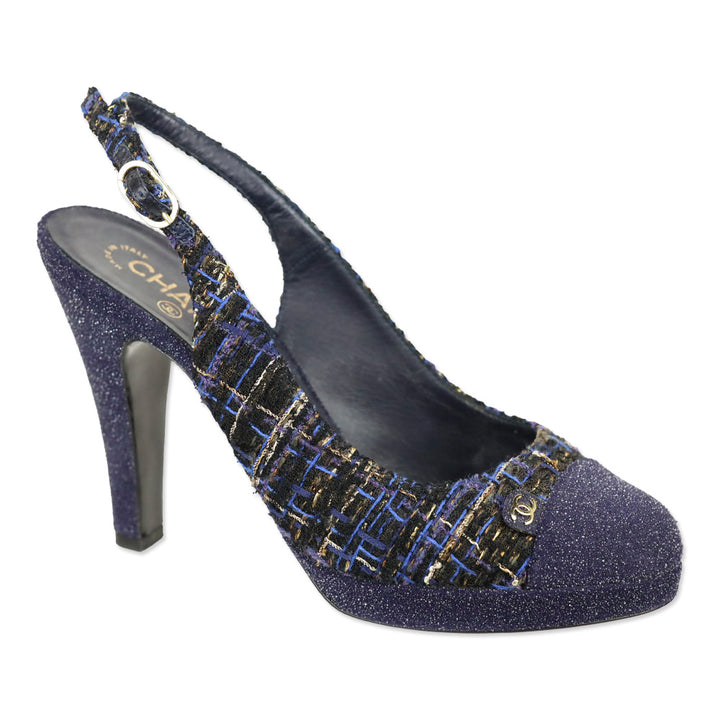 Chanel Navy Blue Tweed CC Cap Toe Slingback Pumps