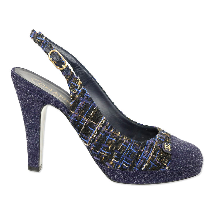 Chanel Navy Blue Tweed CC Cap Toe Slingback Pumps