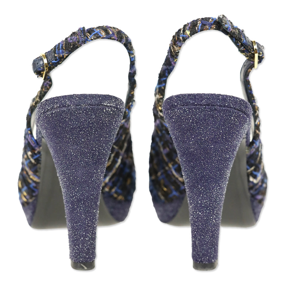 Chanel Navy Blue Tweed CC Cap Toe Slingback Pumps