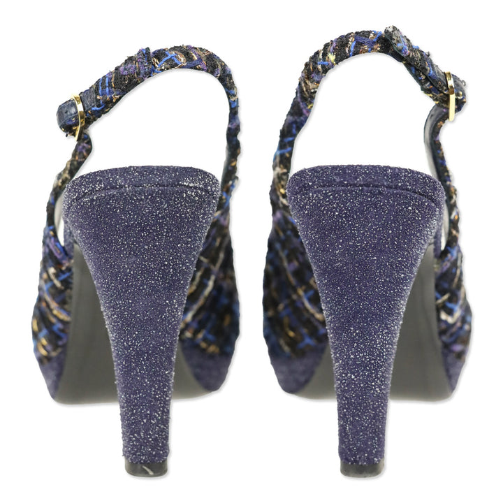 Chanel Navy Blue Tweed CC Cap Toe Slingback Pumps