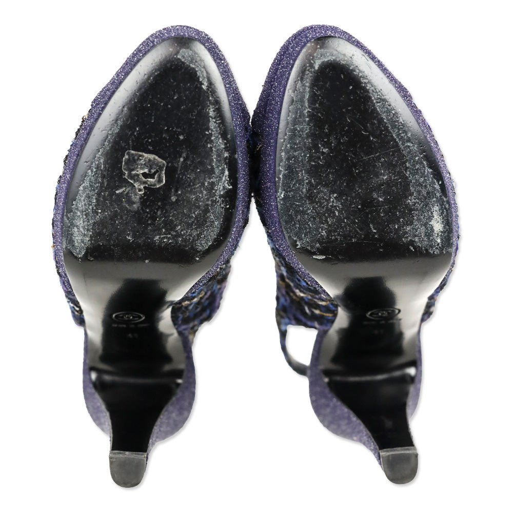 Chanel Navy Blue Tweed CC Cap Toe Slingback Pumps