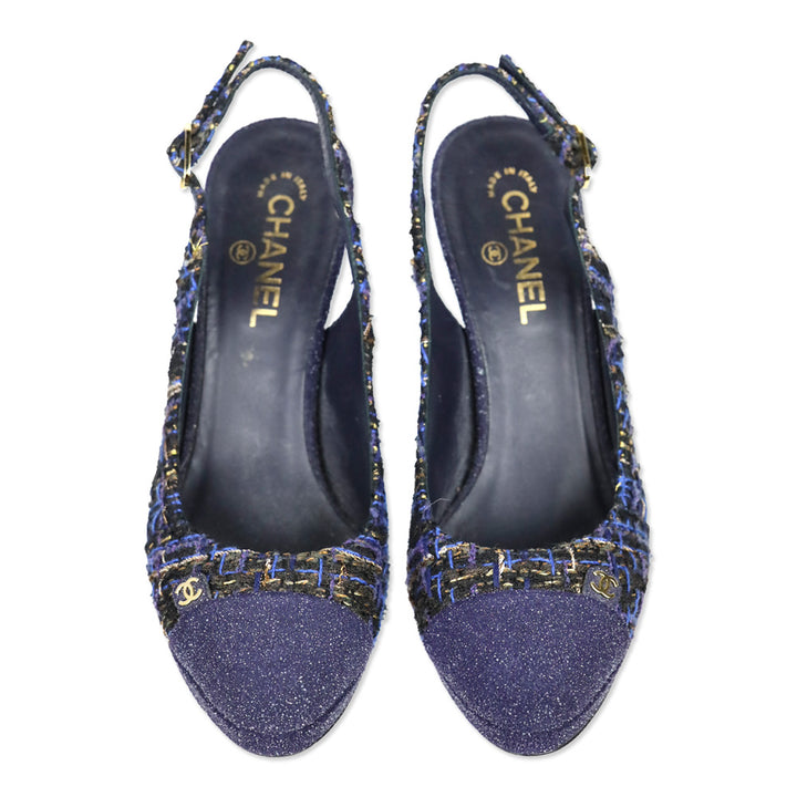 Chanel Navy Blue Tweed CC Cap Toe Slingback Pumps
