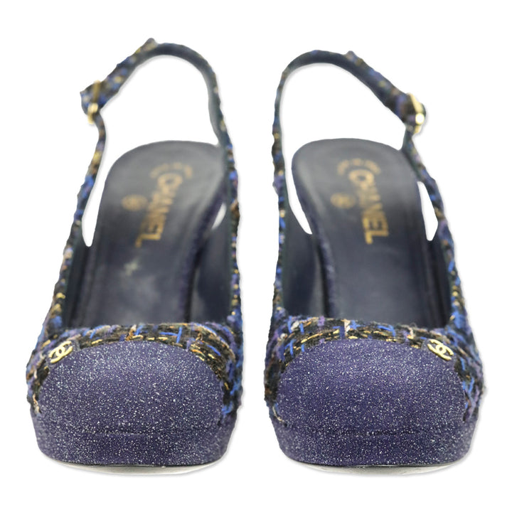 Chanel Navy Blue Tweed CC Cap Toe Slingback Pumps