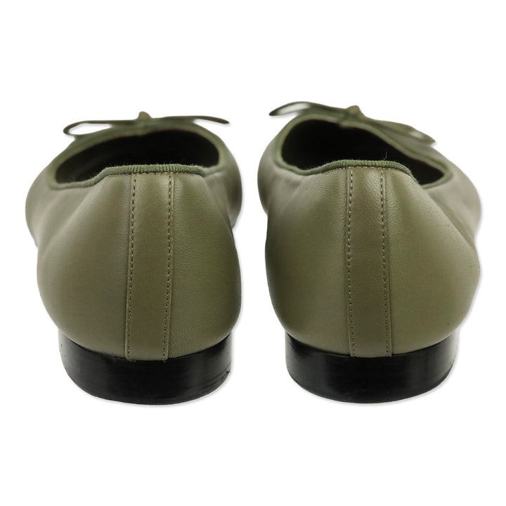 Chanel Olive Green/Brown Lambskin Cap Toe CC Plaque Bow Ballet Flats