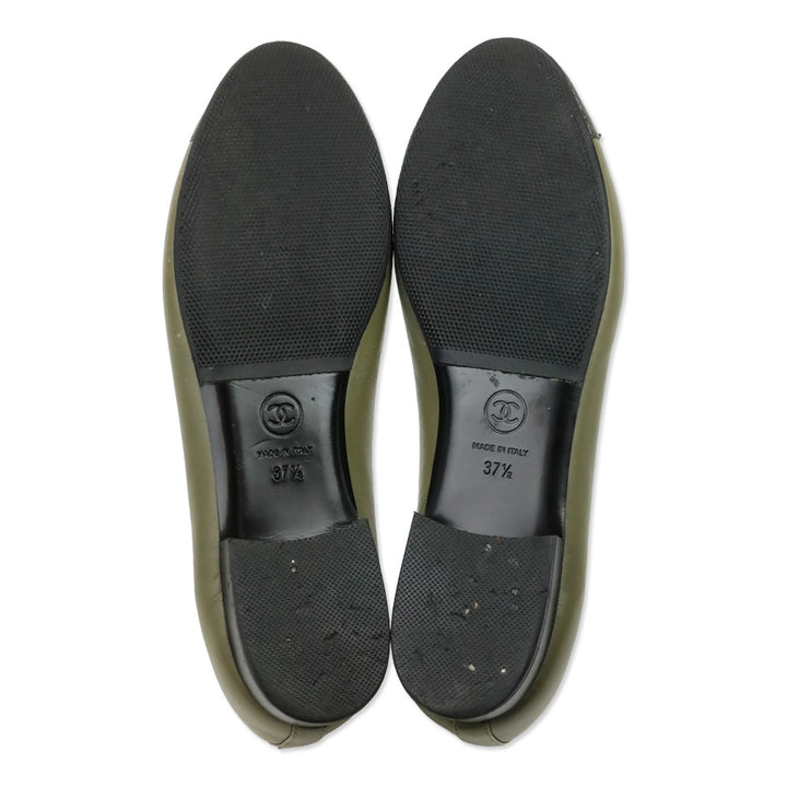 Chanel Olive Green/Brown Lambskin Cap Toe CC Plaque Bow Ballet Flats