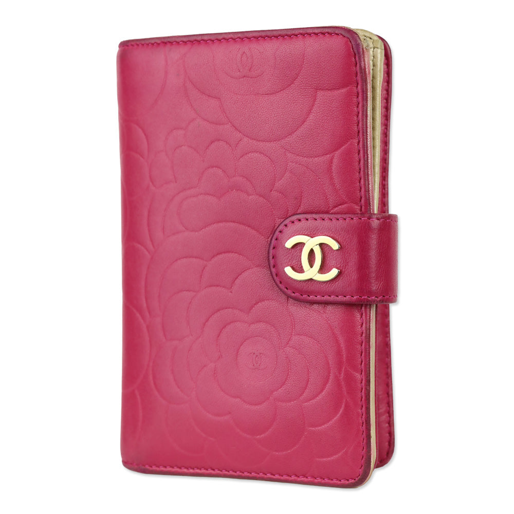Chanel Pink Lambskin Camellia Embossed L-Zip Wallet