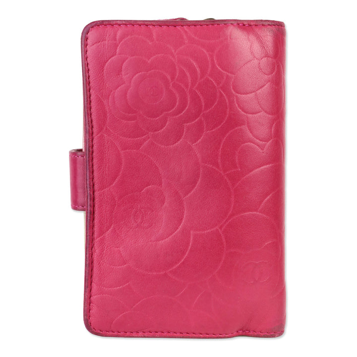 Chanel Pink Lambskin Camellia Embossed L-Zip Wallet
