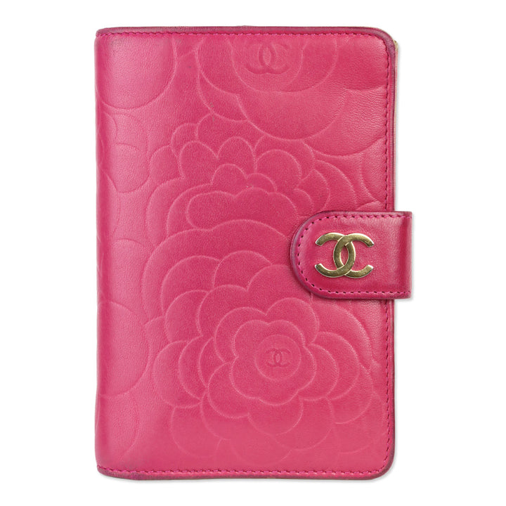 Chanel Pink Lambskin Camellia Embossed L-Zip Wallet