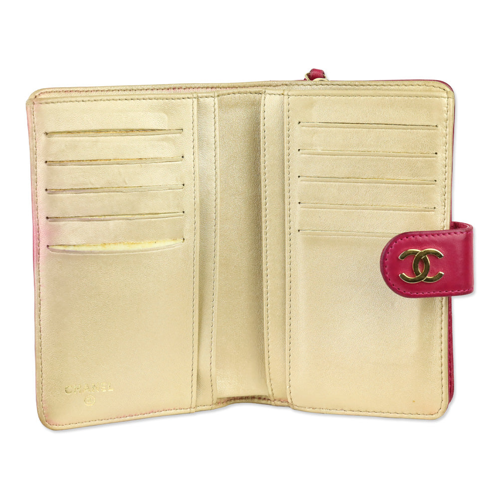 Chanel Pink Lambskin Camellia Embossed L-Zip Wallet