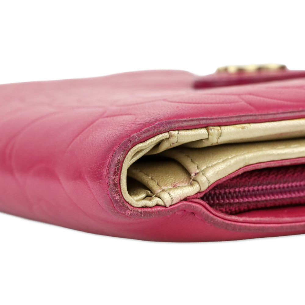 Chanel Pink Lambskin Camellia Embossed L-Zip Wallet