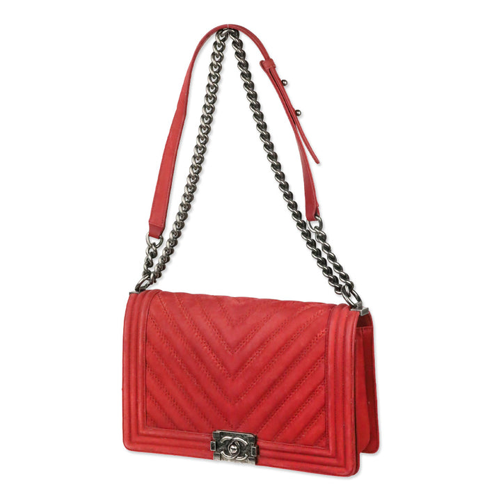 Chanel Red Chevron Suede Medium Boy Bag