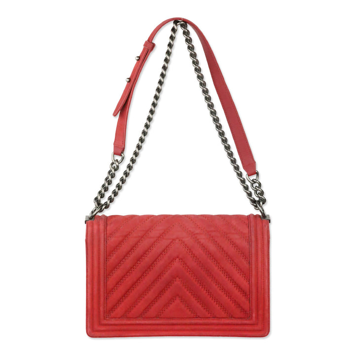 Chanel Red Chevron Suede Medium Boy Bag