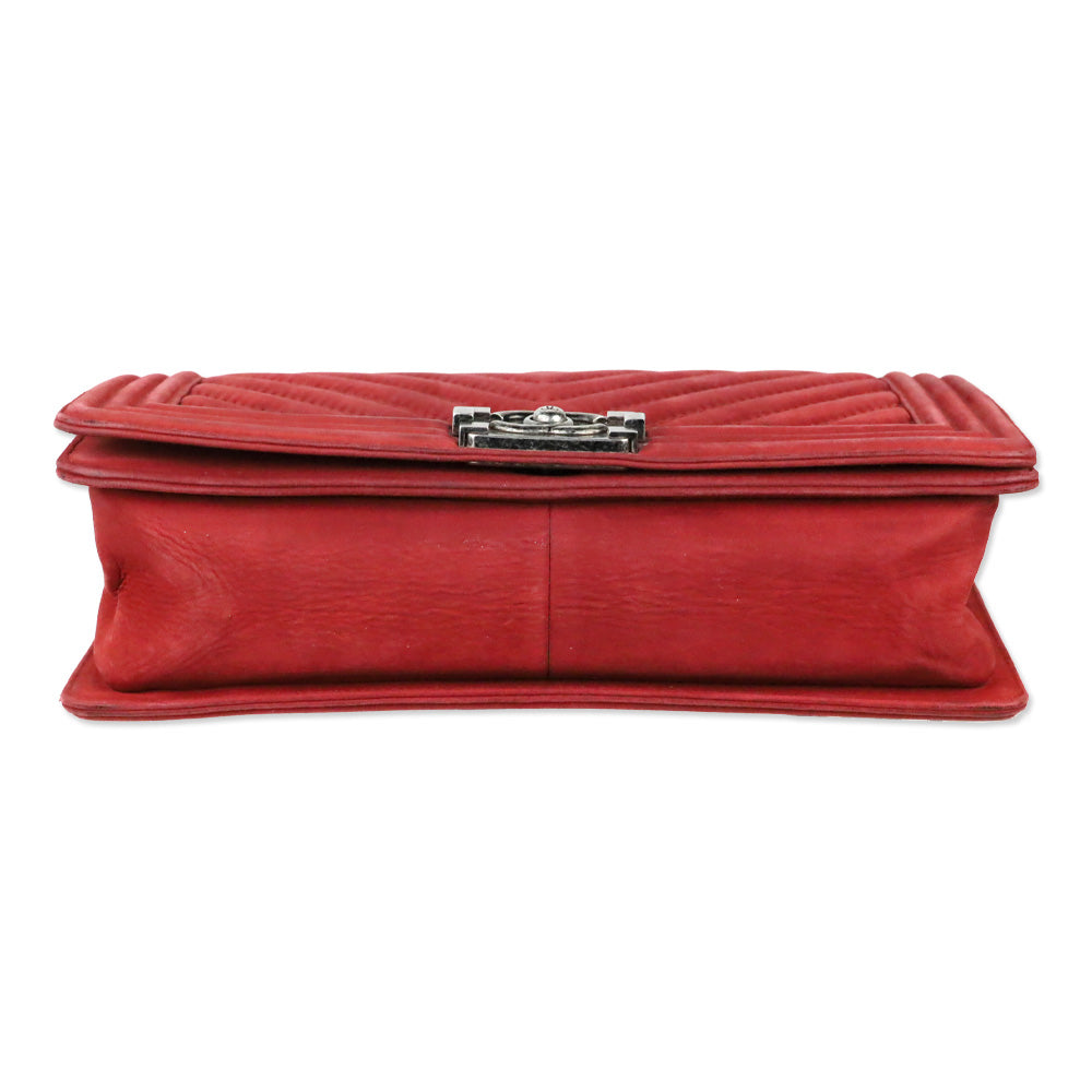 Chanel Red Chevron Suede Medium Boy Bag