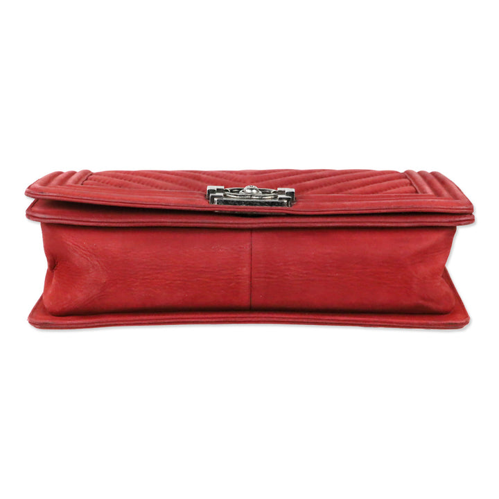 Chanel Red Chevron Suede Medium Boy Bag