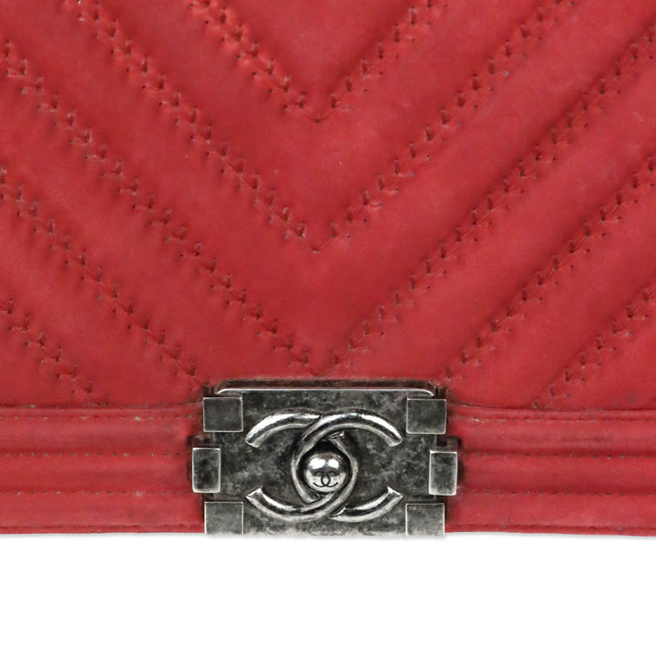 Chanel Red Chevron Suede Medium Boy Bag