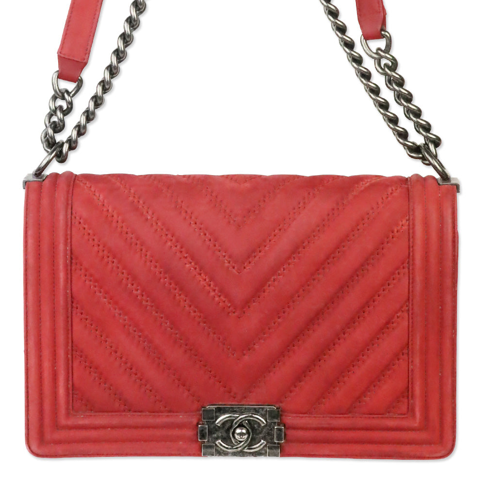 Chanel Red Chevron Suede Medium Boy Bag