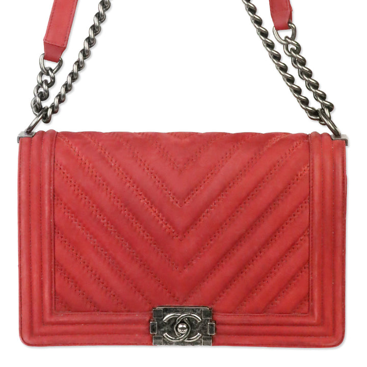 Chanel Red Chevron Suede Medium Boy Bag